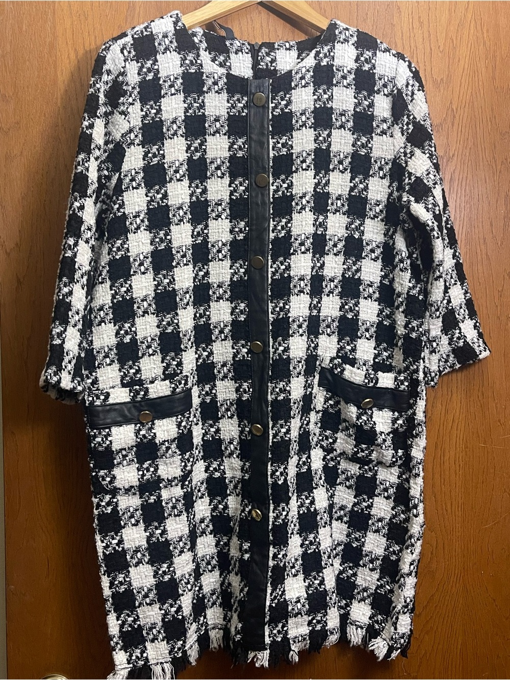 Zara Black and White Long Sleeve Checked Tweed Coat